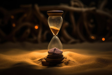 Close up of hourglass on sand in desert with sunlight, created using generative ai technology. Waiting, aging, lifespan and time concept, digitally generated image.の素材