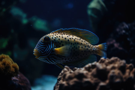 Yellow tropical fish with pattern and coral reef in sea, created using generative ai technology. Fish, animals and nature concept, digitally generated image.の素材