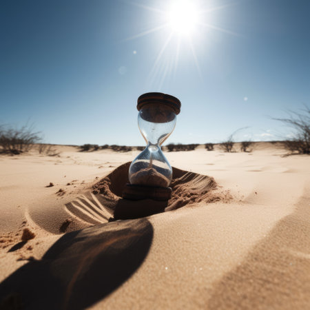 Hourglass on sand in desert with sunlight, created using generative ai technology. Waiting, aging, lifespan and time concept, digitally generated image.の素材