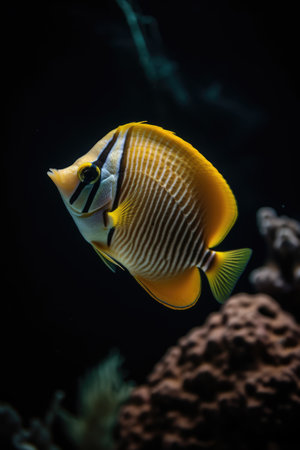 Yellow tropical fish with stripes and coral reef in sea, created using generative ai technology. Fish, animals and nature concept, digitally generated image.の素材