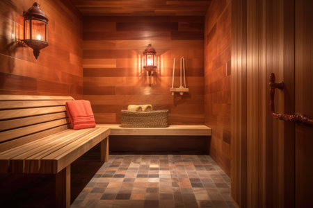 Interior of wooden sauna with bench and accessories, created using generative ai technology. Sauna, relaxation and self care concept digitally generated image.の素材