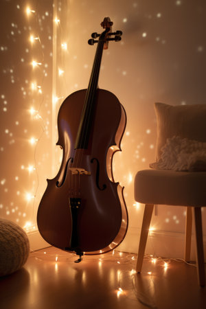 Brown cello leaning on wall with fairy lights, created using generative ai technology. Music, instruments and hobbies concept digitally generated image.の素材