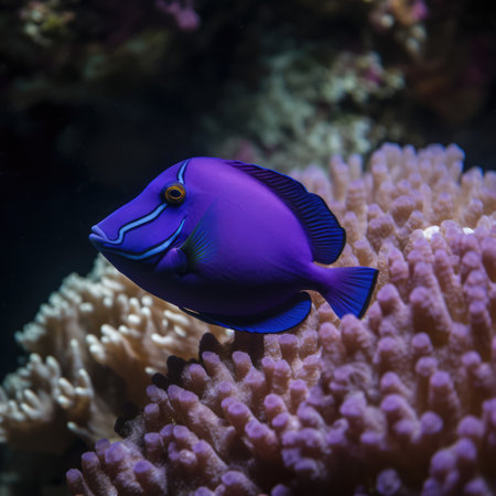 Blue tropical fish and coral reef in sea, created using generative ai technology. Fish, animals and nature concept, digitally generated image.の素材