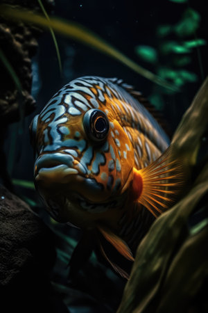 Orange tropical fish with pattern and coral reef in sea, created using generative ai technology. Fish, animals and nature concept, digitally generated image.の素材