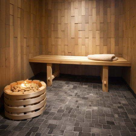 Interior of wooden sauna with bench and stove, created using generative ai technology. Sauna, relaxation and self care concept digitally generated image.の素材