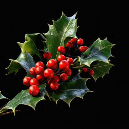 Close up of holly and red berries on black background, created using generative ai technology. Flower, nature, colour and christmas concept digitally generated image.の素材