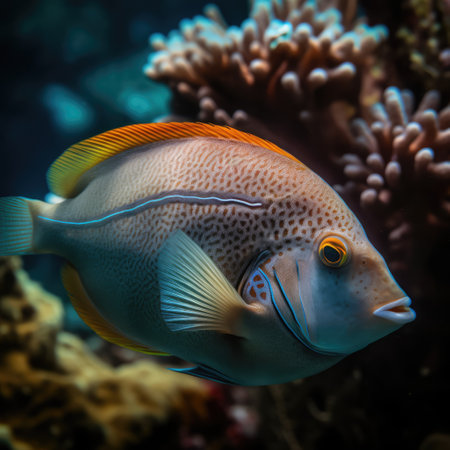 Grey tropical fish with pattern and coral reef in sea, created using generative ai technology. Fish, animals and nature concept, digitally generated image.の素材