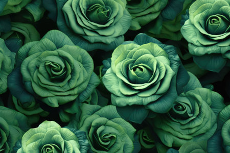 Full frame of green roses background, created using generative ai technology. Flower, nature, colour and wallpaper concept digitally generated image.の素材