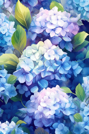 Full frame of blue and pink hydrangeas background, created using generative ai technology. Flower, nature, colour and wallpaper concept digitally generated image.の素材