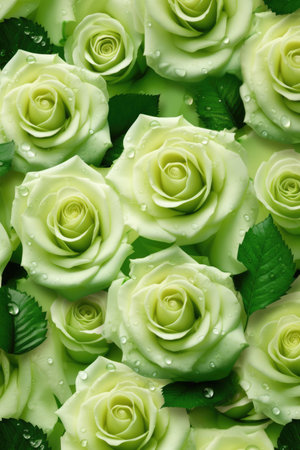 Full frame of green roses with water drops background, created using generative ai technology. Flower, nature, colour and wallpaper concept digitally generated image.の素材