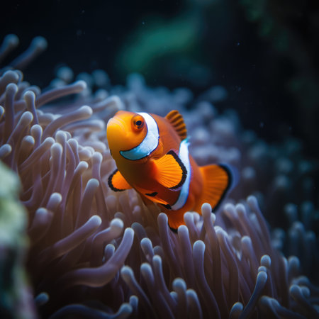 Orange tropical fish with stripes and coral reef in sea, created using generative ai technology. Fish, animals and nature concept, digitally generated image.の素材