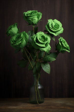 Green roses in vase on dark background, created using generative ai technology. Flower, nature, colour and wallpaper concept digitally generated image.の素材