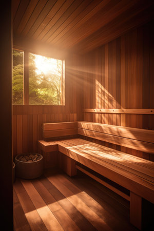 Bright wooden sauna with window and view to trees, created using generative ai technology. Sauna, relaxation and self care concept digitally generated image.の素材