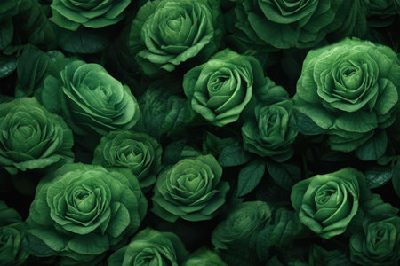 Full frame of green roses background, created using generative ai technology. Flower, nature, colour and wallpaper concept digitally generated image.の素材