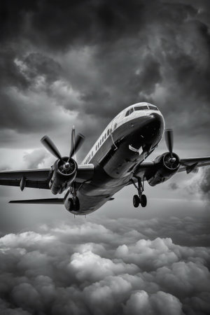 Flying airplane against sky with clouds in black and white, created using generative ai technology. Air travel, air transport, airplane and flying concept digitally generated image.の素材