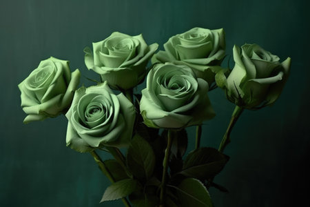 Green roses on green background, created using generative ai technology. Flower, nature, colour and wallpaper concept digitally generated image.の素材