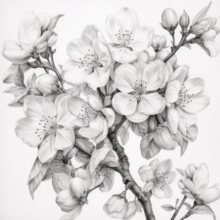 White blossom on white background, created using generative ai technology. Flower, spring, nature, colour and drawing concept digitally generated image.の素材