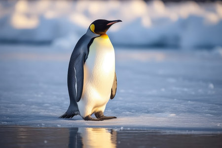 Emperor penguin standing on icy snowy surface and water, created using generative ai technology. Nature, animal and wildlife concept digitally generated image.の素材