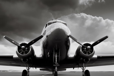 Airplane on runway with clouds in black and white, created using generative ai technology. Air travel, air transport, airplane and flying concept digitally generated image.の素材