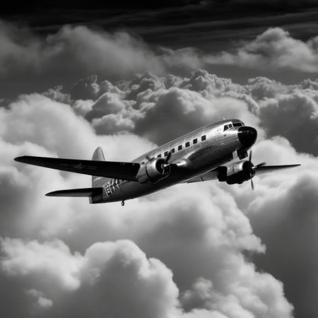 Flying airplane against sky with clouds in black and white, created using generative ai technology. Air travel, air transport, airplane and flying concept digitally generated image.の素材