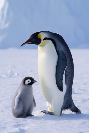 Close up of emperor penguin standing with chick in snow, created using generative ai technology. Nature, animal and wildlife concept digitally generated image.の素材