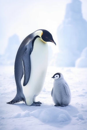 Close up of emperor penguin standing with chick in snow, created using generative ai technology. Nature, animal and wildlife concept digitally generated image.の素材