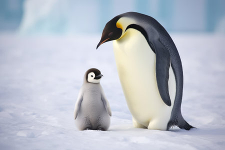 Close up of emperor penguin standing with chick in snow, created using generative ai technology. Nature, animal and wildlife concept digitally generated image.の素材