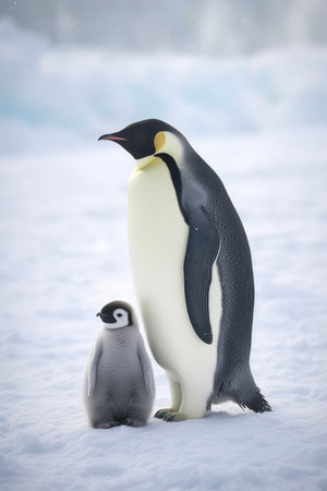 Close up of emperor penguin standing with chick in snow, created using generative ai technology. Nature, animal and wildlife concept digitally generated image.の素材