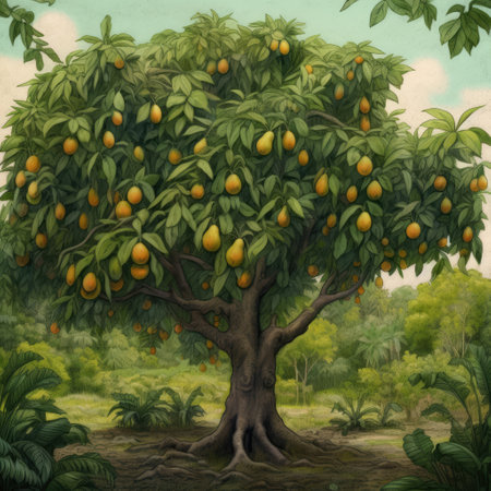 Mango tree with fruit in nature, created using generative ai technology. Tropical fruit, fruit tree and nature concept digitally generated image.の素材