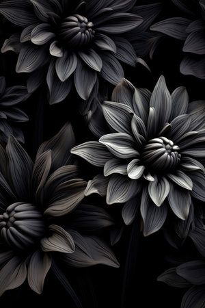 Full frame of black flowers background, created using generative ai technology. Flower, nature, black and white, and wallpaper concept digitally generated image.の素材