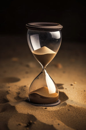 Close up of hourglass on sand in desert with sunlight, created using generative ai technology. Waiting, aging, lifespan and time concept, digitally generated image.の素材