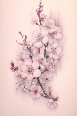 Pink blossom on pink background, created using generative ai technology. Flower, spring, nature, colour and drawing concept digitally generated image.の素材