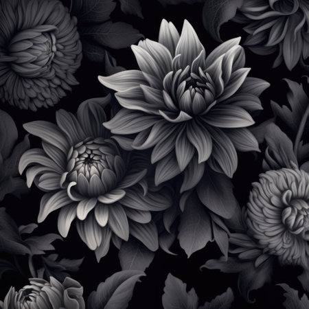 Full frame of black flowers background, created using generative ai technology. Flower, nature, black and white, and wallpaper concept digitally generated image.の素材
