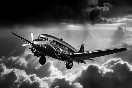 Flying airplane against sky with clouds in black and white, created using generative ai technology. Air travel, air transport, airplane and flying concept digitally generated image.の素材