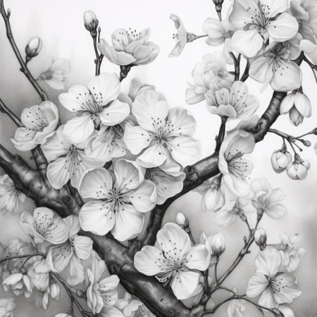 White blossom on white background, created using generative ai technology. Flower, spring, nature, colour and drawing concept digitally generated image.の素材