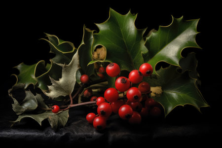 Close up of holly and red berries on black background, created using generative ai technology. Flower, nature, colour and christmas concept digitally generated image.の素材