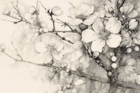 White blossom on white background, created using generative ai technology. Flower, spring, nature and drawing concept digitally generated image.の素材