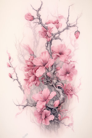 Pink blossom on pink background, created using generative ai technology. Flower, spring, nature, colour and drawing concept digitally generated image.の素材