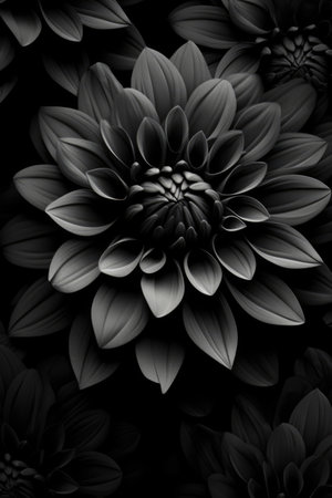 Full frame of black flowers background, created using generative ai technology. Flower, nature, black and white, and wallpaper concept digitally generated image.の素材