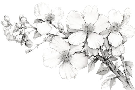 White blossom on white background, created using generative ai technology. Flower, spring, nature and drawing concept digitally generated image.の素材