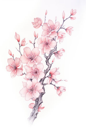 Pink blossom on white background, created using generative ai technology. Flower, spring, nature, colour and drawing concept digitally generated image.の素材