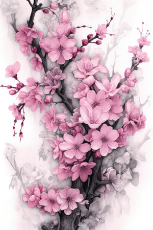 Pink blossom on white background, created using generative ai technology. Flower, spring, nature, colour and drawing concept digitally generated image.の素材