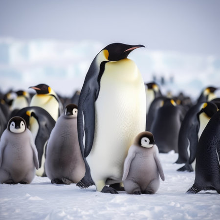 Close up of emperor penguin standing with chicks in snow, created using generative ai technology. Nature, animal and wildlife concept digitally generated image.の素材