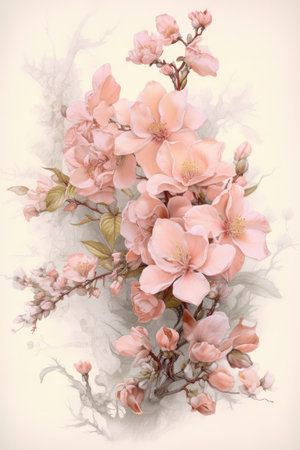 Pink blossom on pink background, created using generative ai technology. Flower, spring, nature, colour and drawing concept digitally generated image.の素材