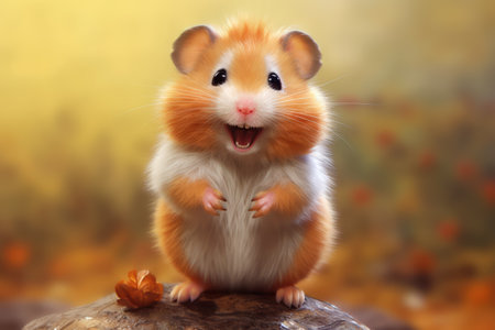 Close up of cute hamster perched on rock, created using generative ai technology. Pet, animal and rodent concept digitally generated image.の素材