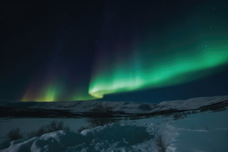 Aurora borealis in snowscape landscape, created using generative ai technology. London landmark, nature, winter and natural phenomenon concept digitally generated image.の素材
