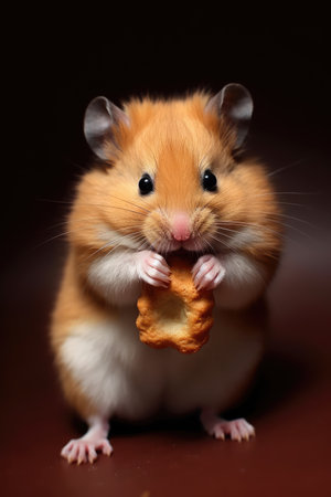 Close up of cute hamster holding food on black background, created using generative ai technology. Pet, animal and rodent concept digitally generated image.の素材