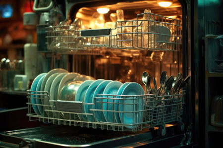 Interior of dishwasher packed with dishes with door open, created using generative ai technology. Dishwashing and kitchen appliances concept digitally generated image.の素材