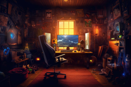 Room with screen with video game and gaming chair, created using generative ai technology. Gaming setup background concept digitally generated image.の素材