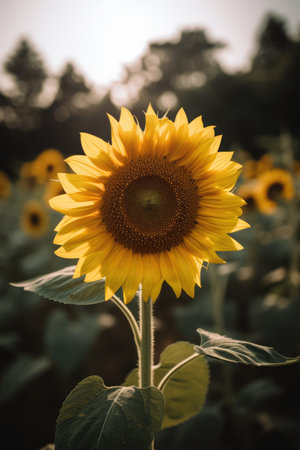 Sunflower in field with blurred background, created using generative ai technology. Nature, summer and flower concept digitally generated image.の素材